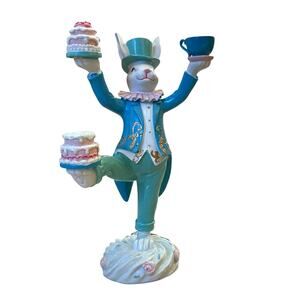 TOPHAT & TAIL Mad Hatter Easter Bunny Balancing Teacup & Cakes 12.5in Blue NEW